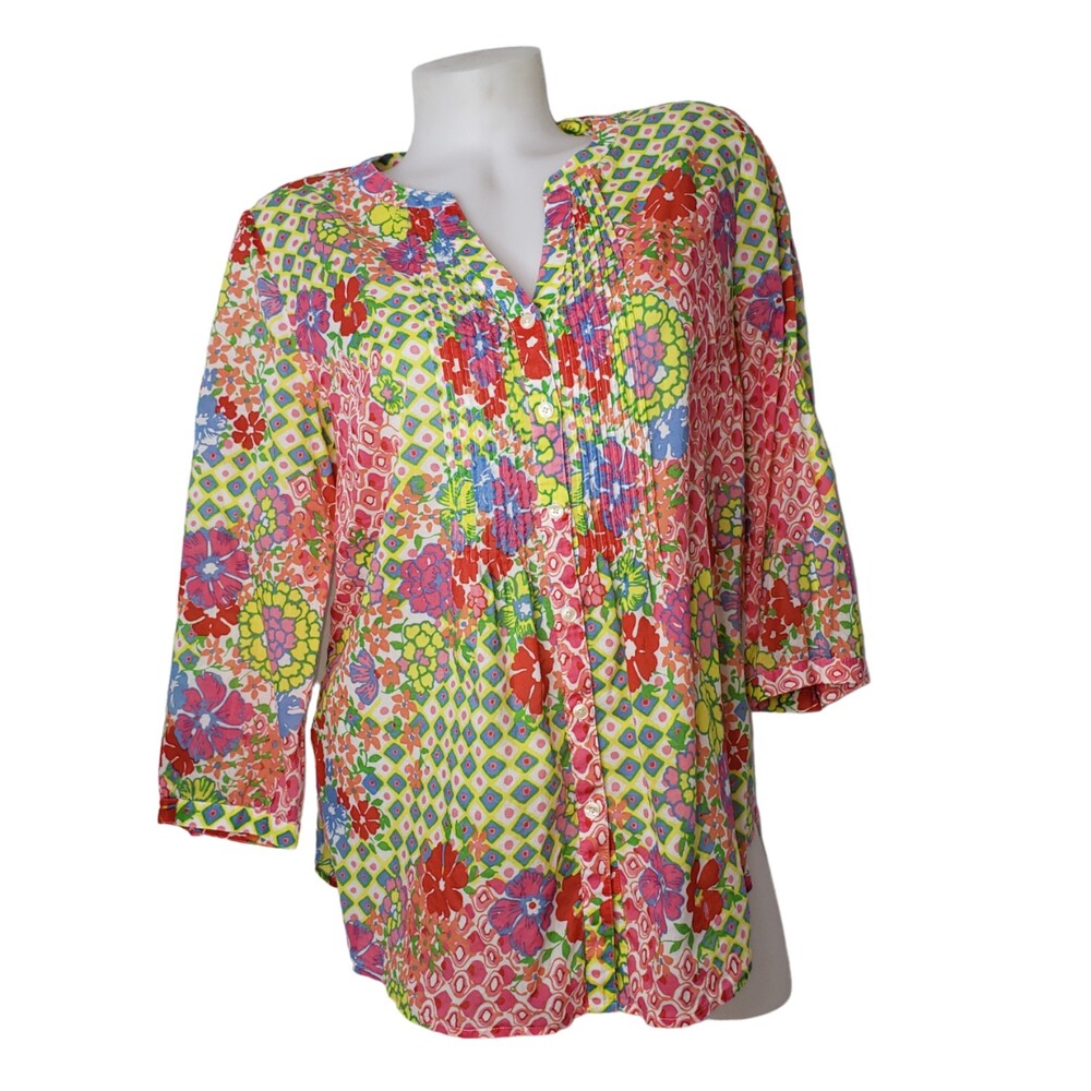 TALBOTS Bright Floral Button Down Cotton Shirt Size Medium